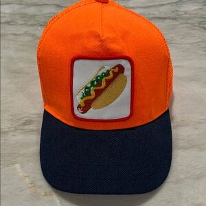 Orange and Navy Trucker Hat with Hot Dog Patch
